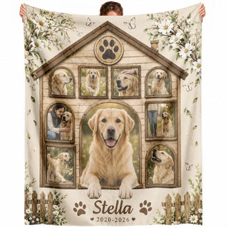 Custom Pet Dog Photo Collage Fleece Blanket Name Floral Memorial Throw Tapestry Item
