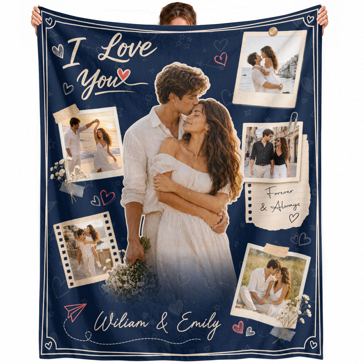 Custom Couple Photo Collage Fleece Blanket Names Text Romantic Throw Tapestry Item