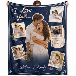 Custom Couple Photo Collage Fleece Blanket Names Text Romantic Throw Tapestry Item