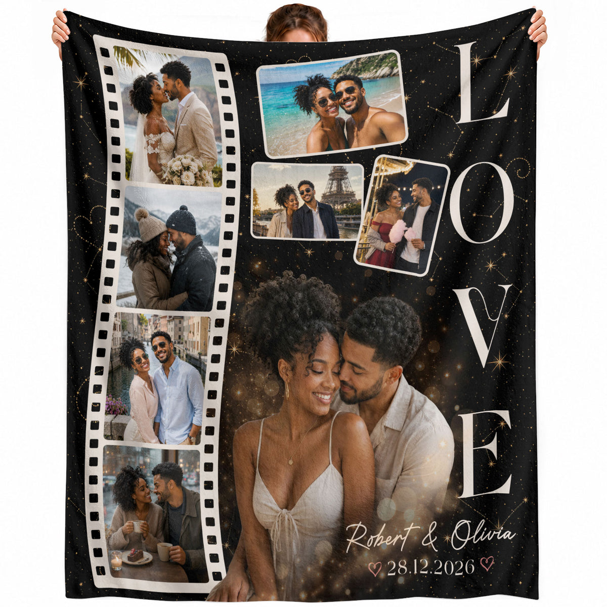 Custom Personal Photo Collage Couple Fleece Blanket Names Date Love Throw Tapestry