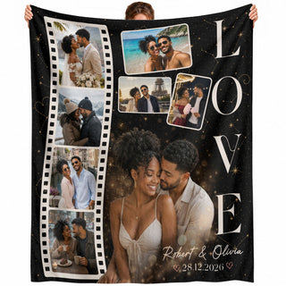 Custom Personal Photo Collage Couple Fleece Blanket Names Date Love Throw Tapestry