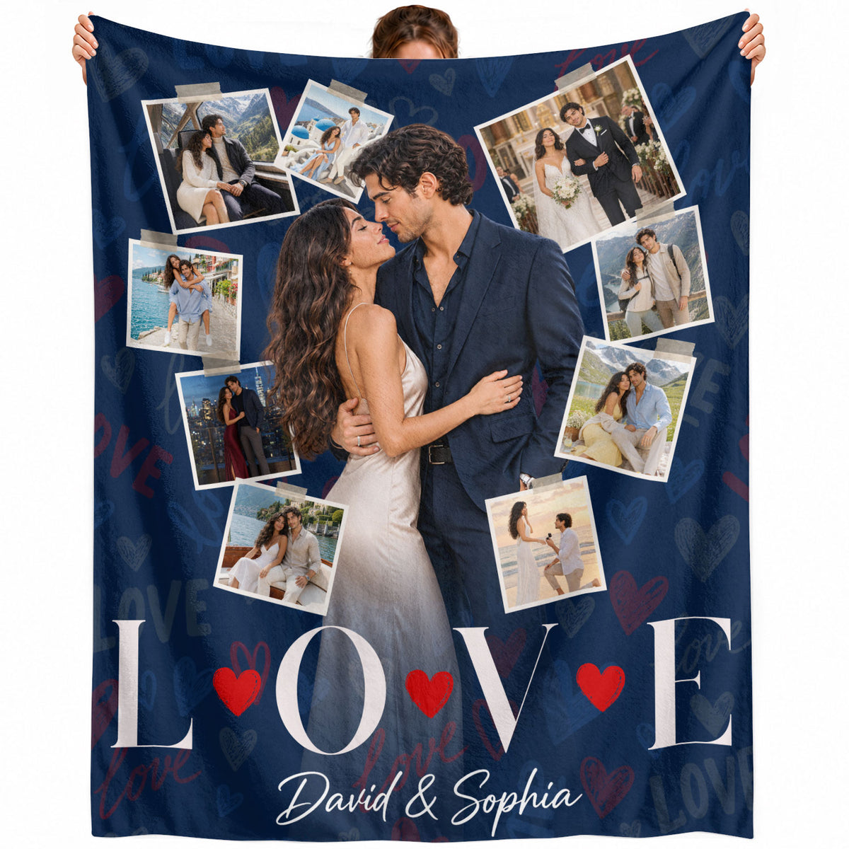 Custom Romantic Photo Collage Couple Fleece Blanket Names Text Throw Tapestry Item