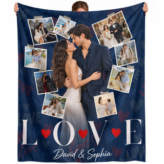 Custom Romantic Photo Collage Couple Fleece Blanket Names Text Throw Tapestry Item