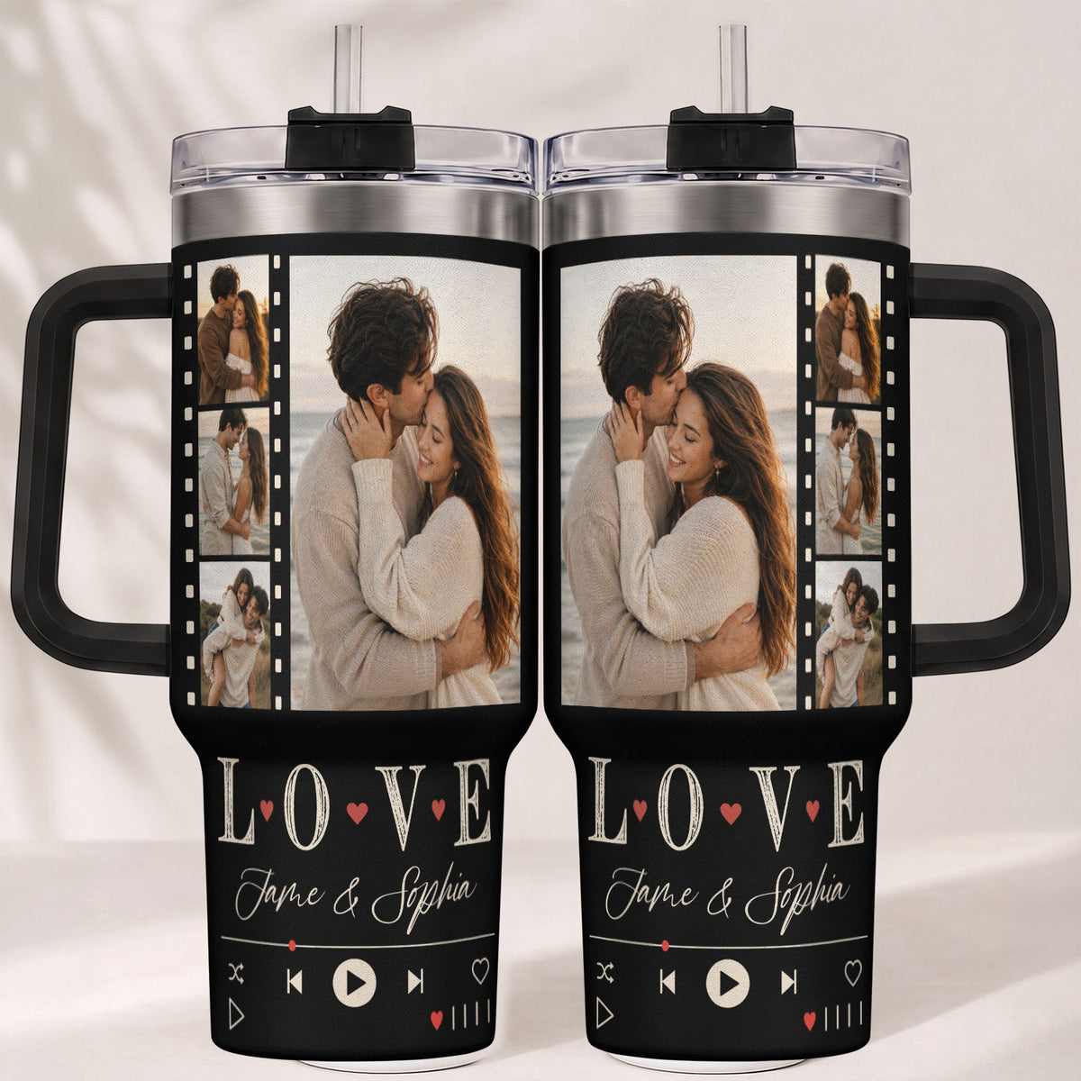 Custom Couple Photo Collage Tumbler Names Text Insulated Travel Mug Handle Cup Item