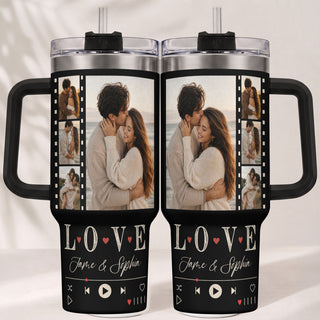 Custom Couple Photo Collage Tumbler Names Text Insulated Travel Mug Handle Cup Item