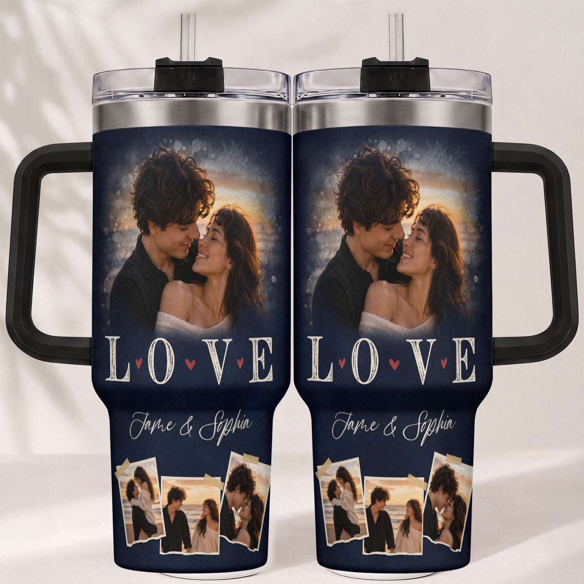 Custom Couple Photo Collage Tumbler Names Text Insulated Beverage Mug Handle Cup Piece