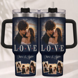 Custom Couple Photo Collage Tumbler Names Text Insulated Beverage Mug Handle Cup Piece