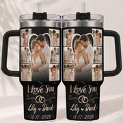Custom Romantic Photo Collage Couple Tumbler Names Text Insulated Beverage Mug Handle
