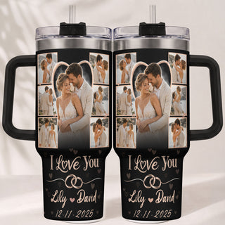 Custom Romantic Photo Collage Couple Tumbler Names Text Insulated Beverage Mug Handle