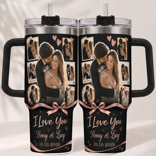 Custom Personal Photo Collage Couple Tumbler Names Text Insulated Beverage Mug Handle Cup