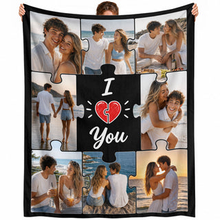 Custom Couple Jigsaw Photo Collage Fleece Blanket Text Throw Tapestry Component Item