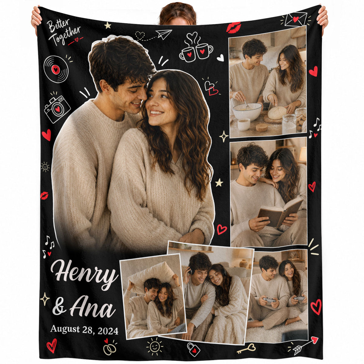 Custom Couple Photo Collage Fleece Blanket Names Date Throw Tapestry Component Item