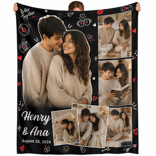 Custom Couple Photo Collage Fleece Blanket Names Date Throw Tapestry Component Item