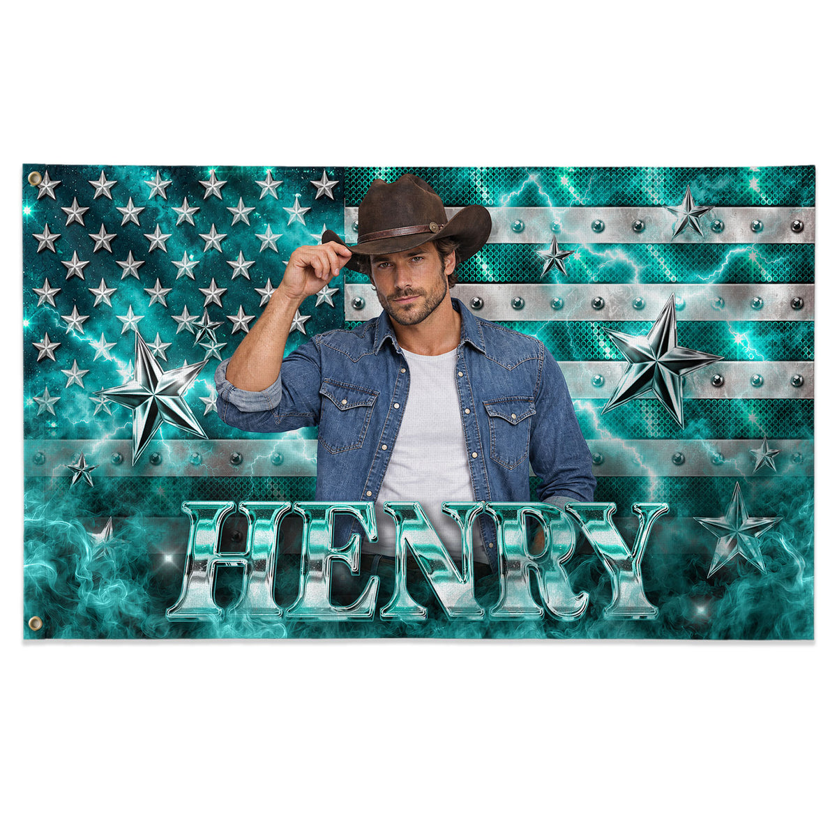 Teal Smoke Metallic Stars American Flag Custom featuring a Custom Flag with Picture, Flag Custom-Made Birthday Gift for Friends, Pallyprints Co.