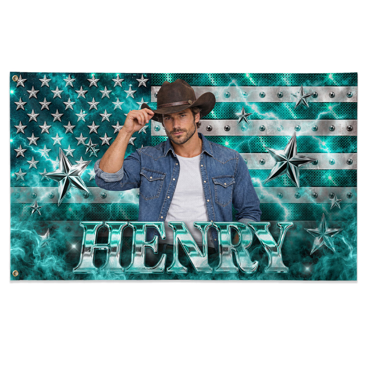 Aesthetic Teal American Flag Custom Photo Graphic Banner Retro Wall Hanging Display