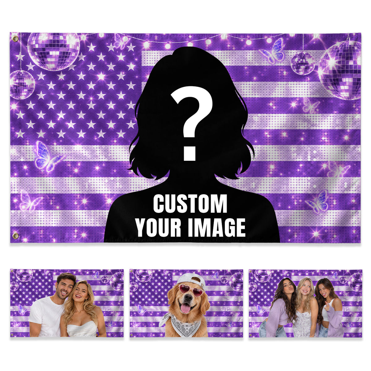 Purple Disco Butterfly Collage American Flag Custom featuring a Custom Flag with Picture, Flag Custom-Made Gift for Loved Ones, Pallyprints Co.