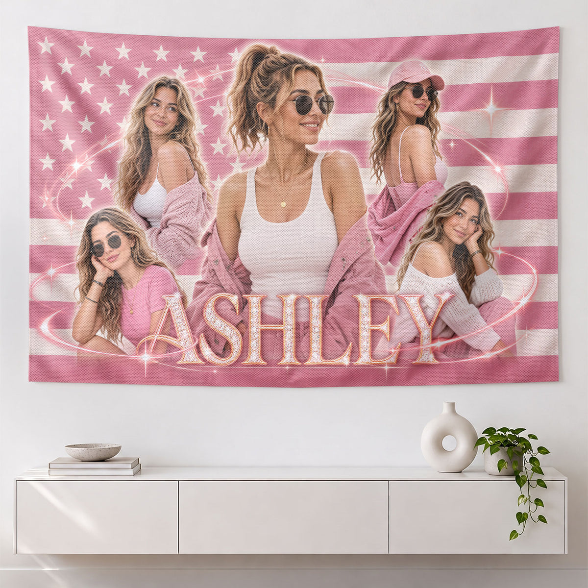 Custom Photo Patriotic American Flag Tapestry Sparkle Stars Swirl Wall Hanging Backdrop