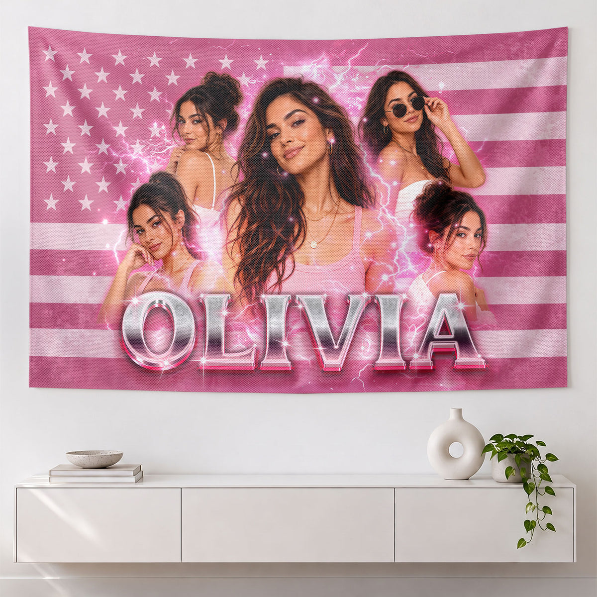 Custom Photo Patriotic American Flag Tapestry Lightning Stars Wall Hanging Sheet Backdrop