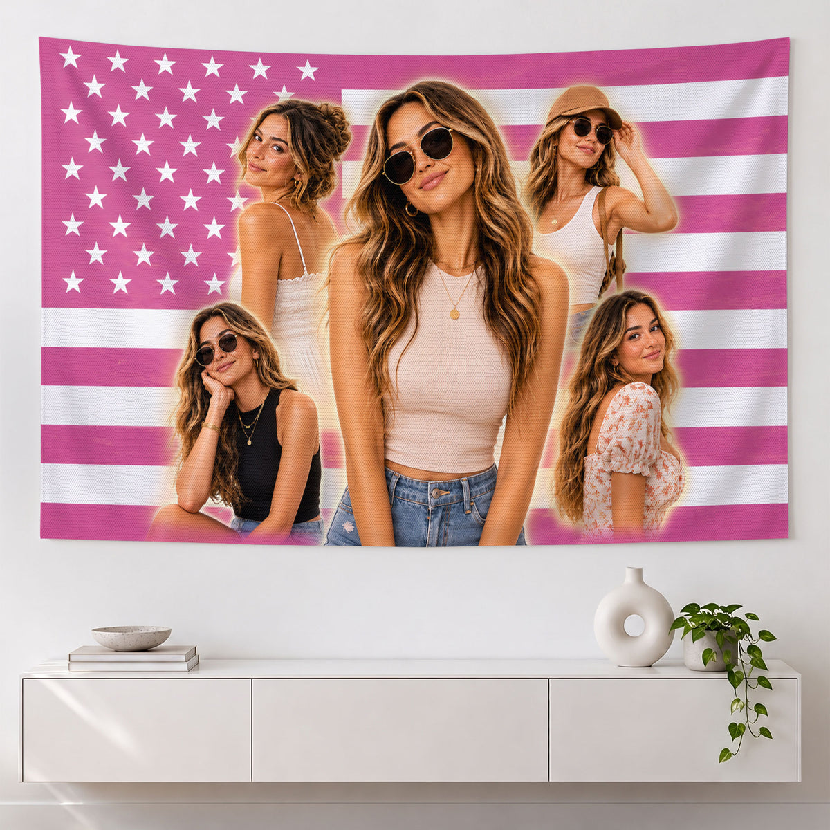 Custom Photo Patriotic American Flag Tapestry Stars Collage Wall Hanging Backdrop Sheet