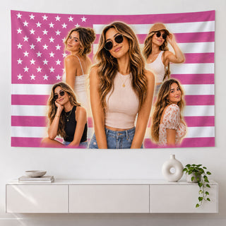 Custom Photo Patriotic American Flag Tapestry Stars Collage Wall Hanging Backdrop Sheet