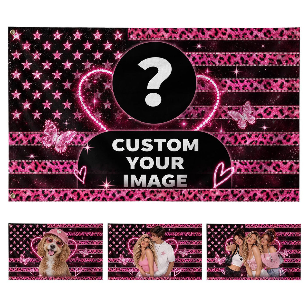 Leopard Heart Photo Collage American Flag Custom featuring a Custom Flag with Picture, Flag Custom-Made Gift for Family, Pallyprints Co.