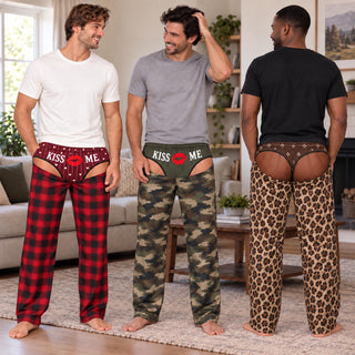 Kiss Me Camo Funny Mens Pajama Pants, Custom Pajamas for Relaxed Evenings, Bold Gag Gifts and Christmas Pajamas with Playful Humor, Pallyprints Co.