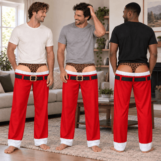 Funny Mens Pajama Pants with Leopard Santa, Custom Pajamas for Festive Lounging, Bold Gag Gifts and Christmas Pajamas for Cozy Nights, Pallyprints Co.