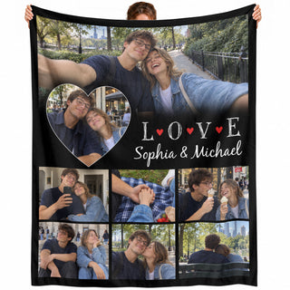Custom Photo Collage Fleece Blanket Couple Love Heart Picture Throw Warm Bed Spreads