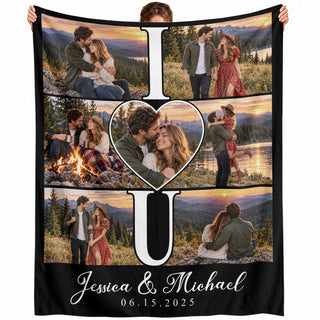 Custom Photo Collage Fleece Blanket Couple Love Heart Picture Throw Warm Bedding Cover