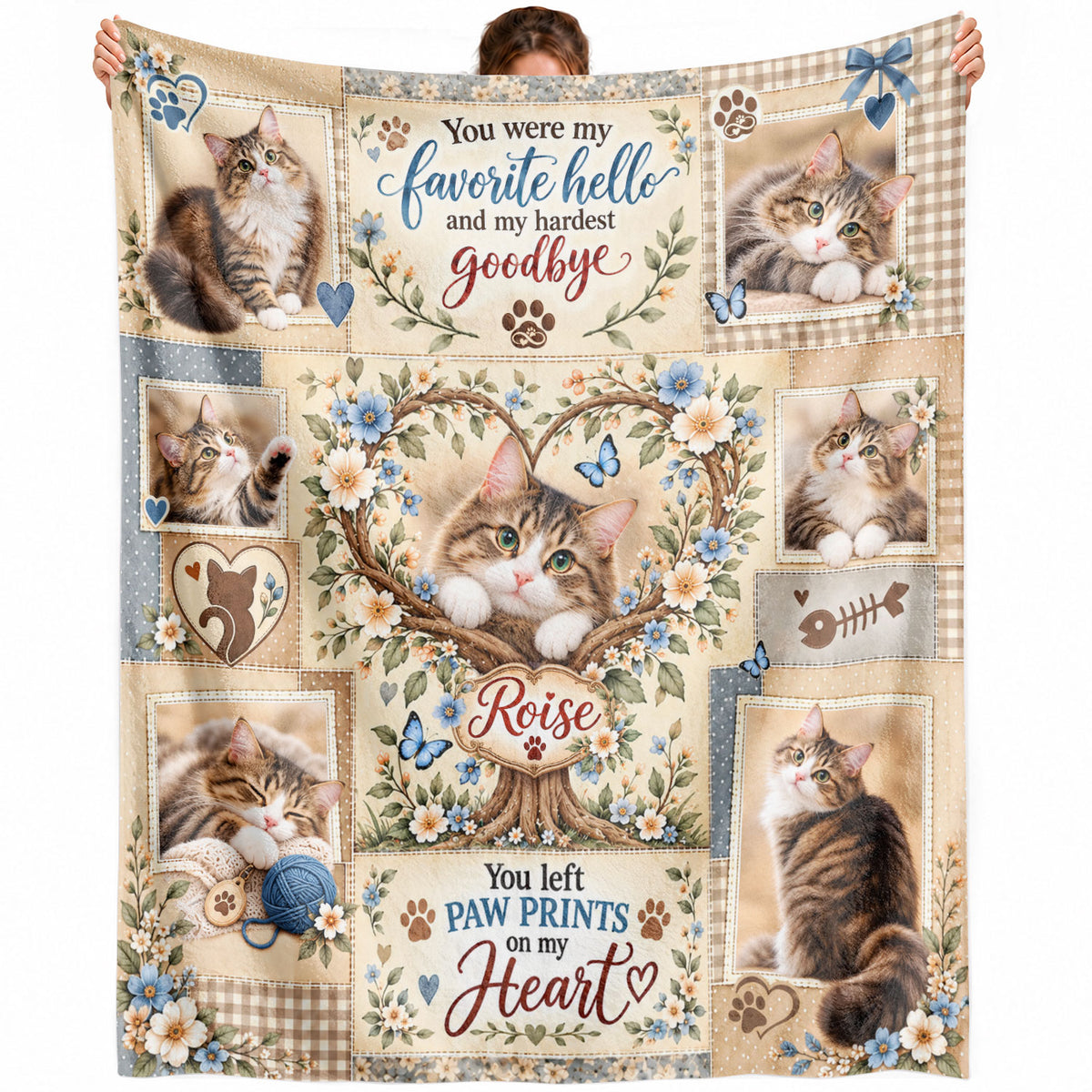 Custom Name Cat Memorial Photo Blanket Heart Tree Life Floral Wall Hanging Banner