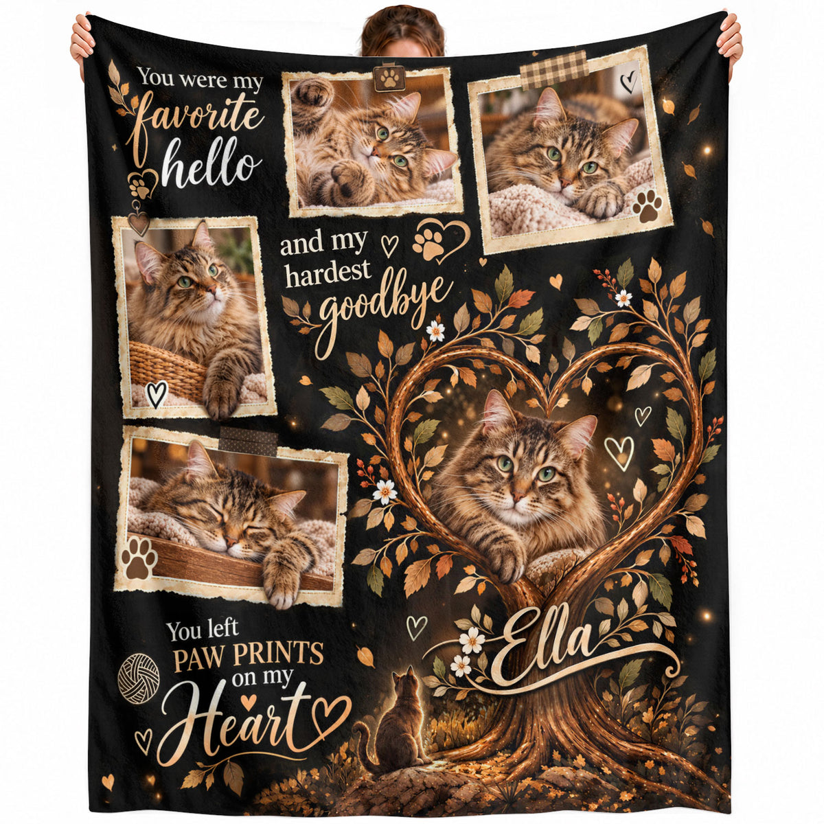 Custom Name Cat Memorial Photo Blanket Heart Tree Leaves Wall Hanging Display Banner