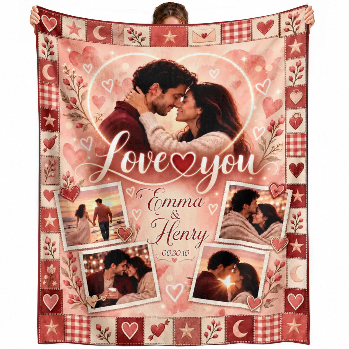 Custom Photo Collage Blanket Heart Patchwork Border Fleece Throw Bedding Sheet Mat
