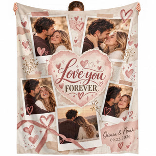 Custom Photo Collage Blanket Love Heart Ribbon Bow Polaroid Soft Fleece Throw Cover