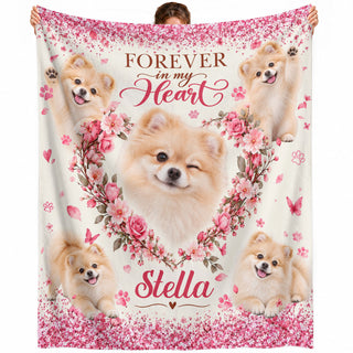 Custom Dog Memorial Photo Collage Rose Floral Heart Paw Print Fleece Throw Blanket