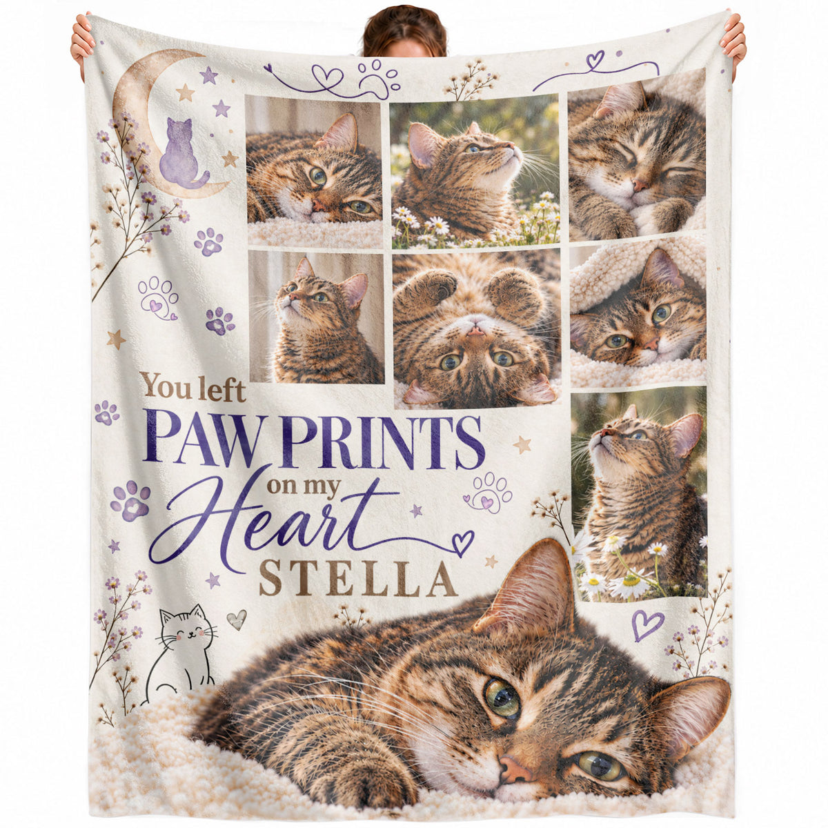 Custom Pet Memorial Blanket Photo Collage Cat Paw Prints On My Heart Soft Fleece