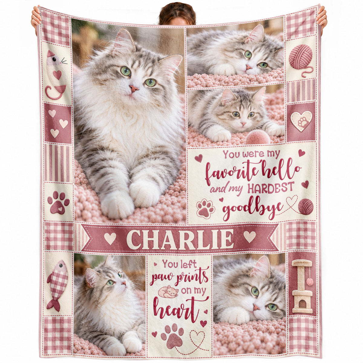 Custom Pet Memorial Blanket Photo Cat Favorite Hello Hardest Goodbye Fleece Throw