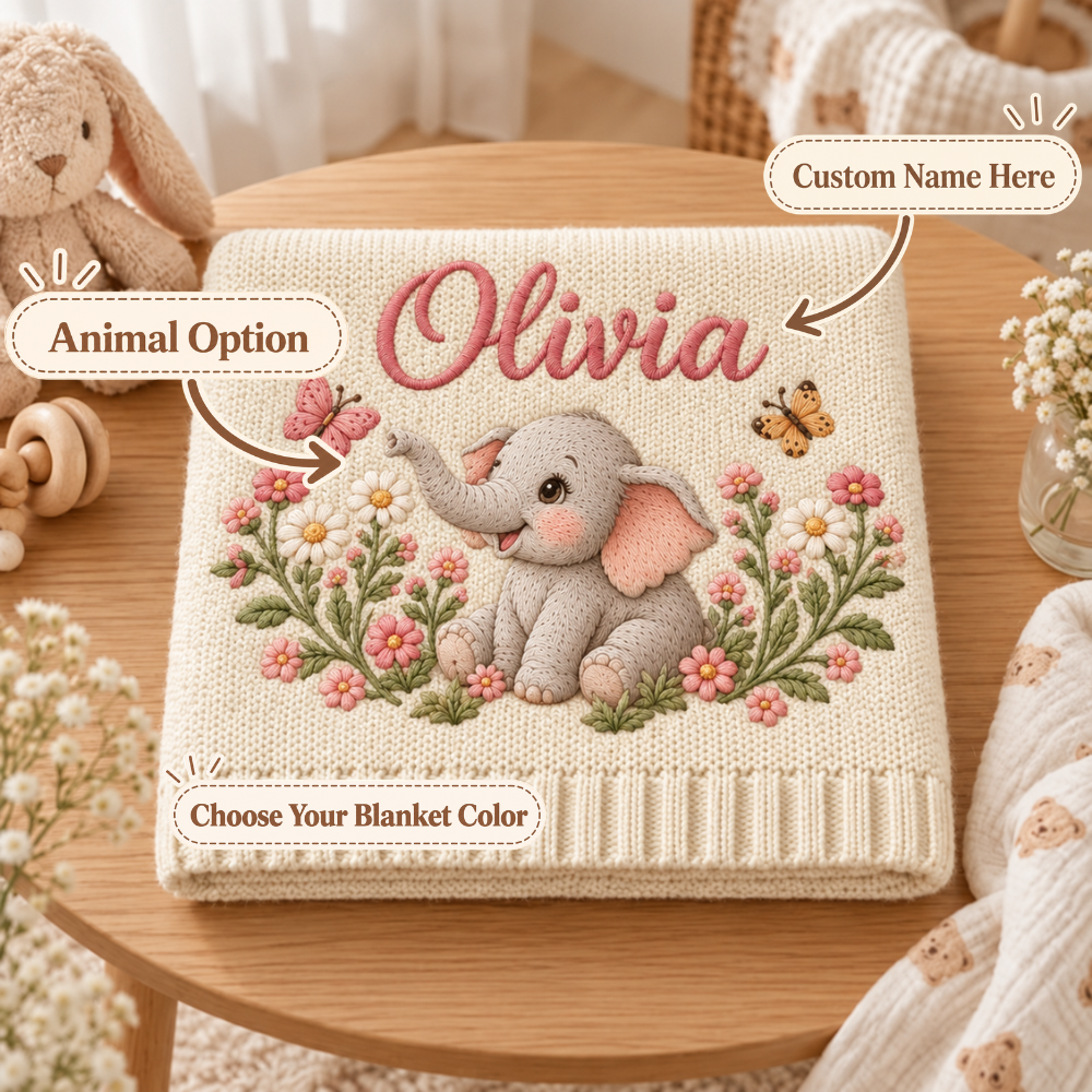 Custom Baby Blanket Embroidered Elephant Floral Butterfly Name Knitted Nursery Swaddle