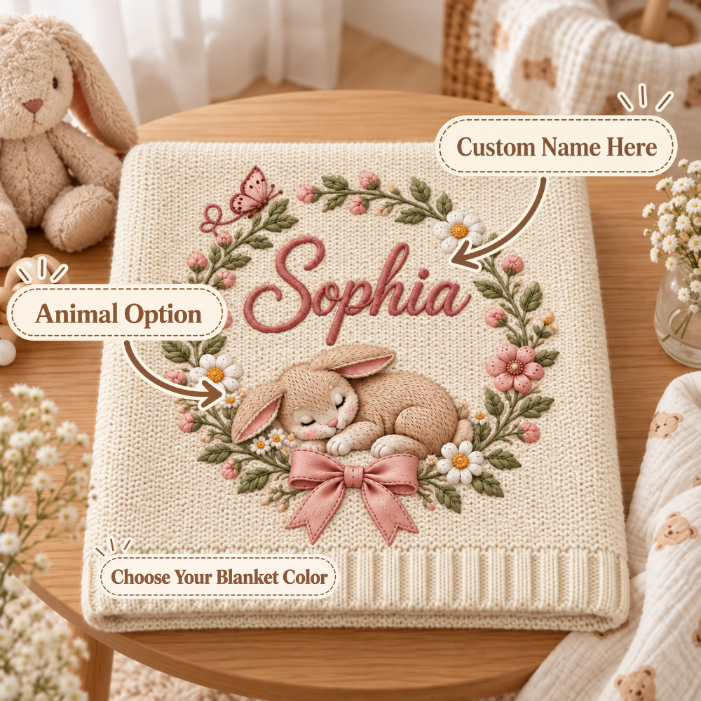 Custom Baby Blanket Embroidered Bunny Wreath Floral Name Knitted Nursery Swaddle