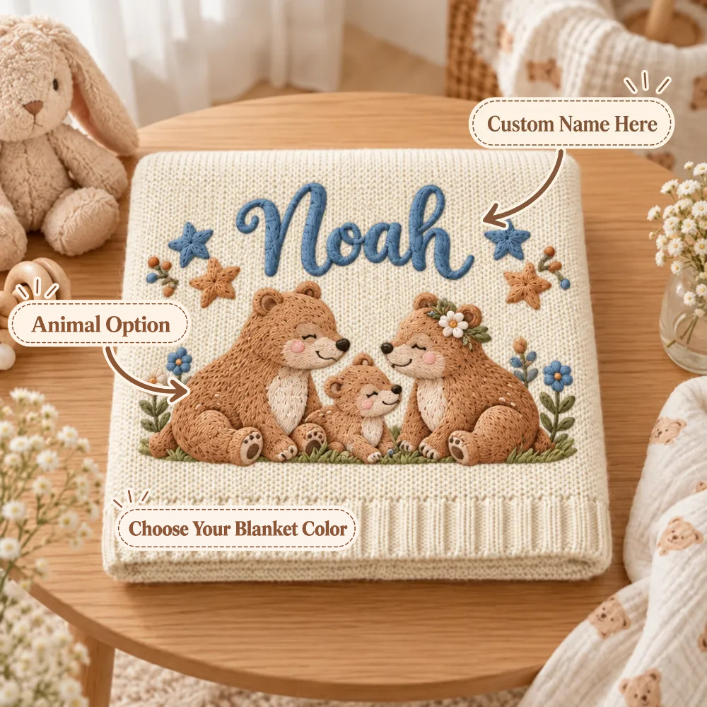 Custom Baby Blanket Embroidered Bear Family Stars Name Knitted Nursery Swaddle Wrap