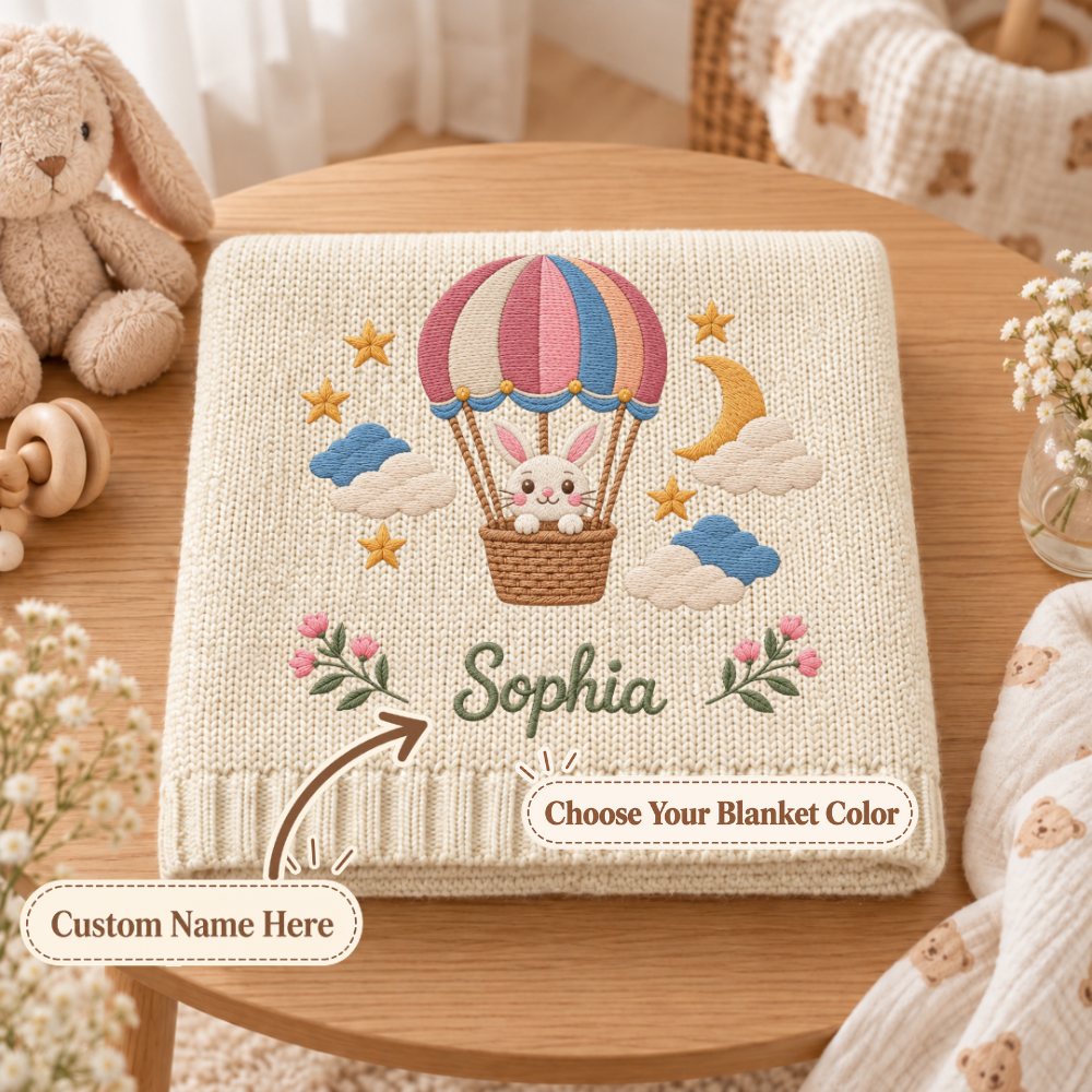 Custom Baby Blanket Embroidered Bunny Hot Air Balloon Name Knitted Nursery Swaddle