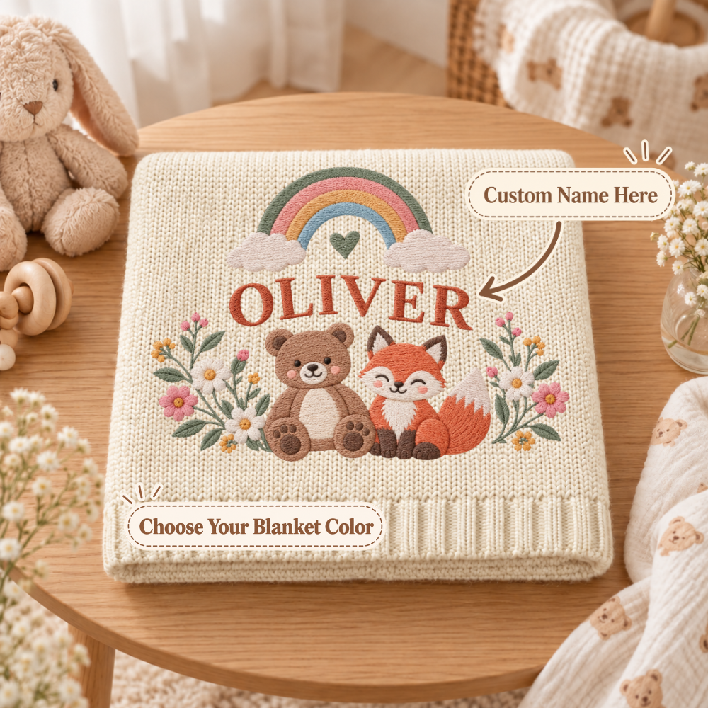Custom Baby Blanket Embroidered Bear Fox Rainbow Floral Name Knitted Nursery Swaddle