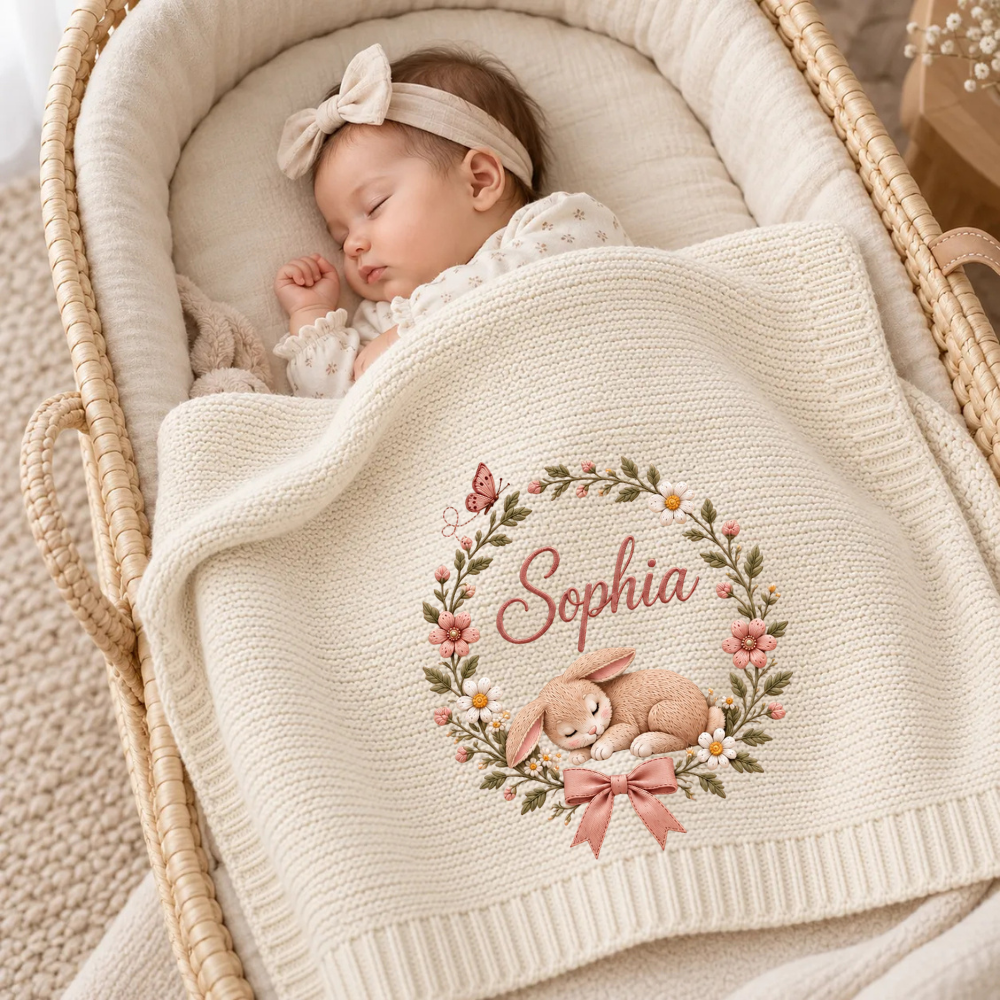 Custom Baby Blanket Embroidered Bunny Wreath Floral Name Knitted Nursery Swaddle