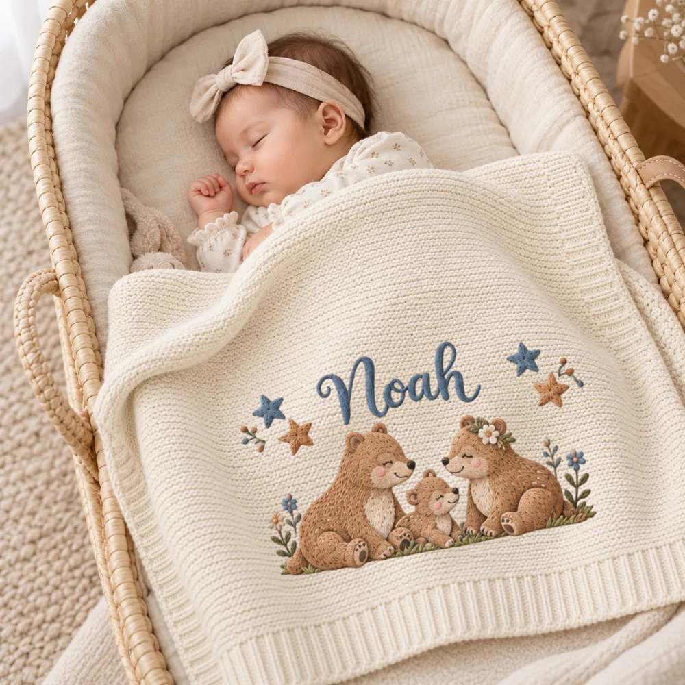Custom Baby Blanket Embroidered Bear Family Stars Name Knitted Nursery Swaddle Wrap