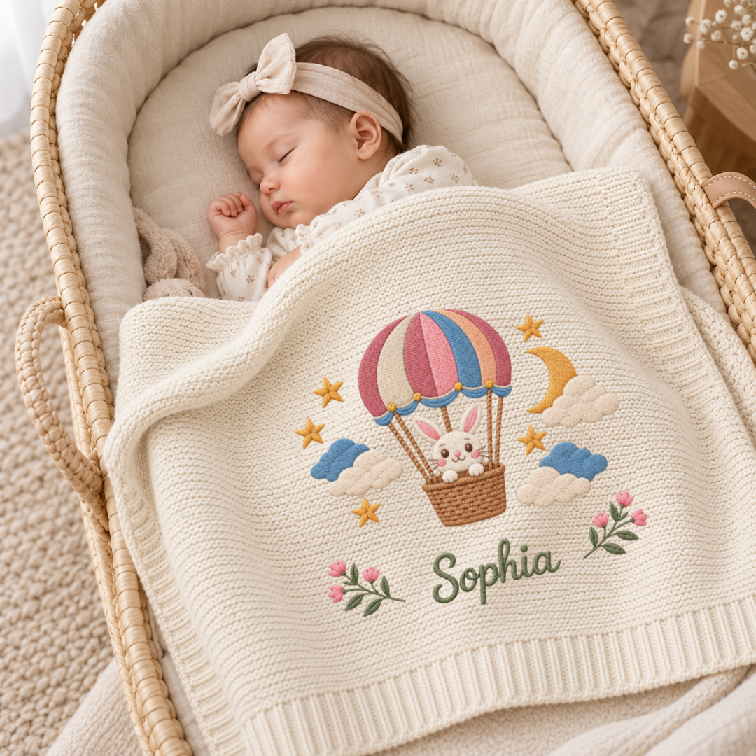 Custom Baby Blanket Embroidered Bunny Hot Air Balloon Name Knitted Nursery Swaddle