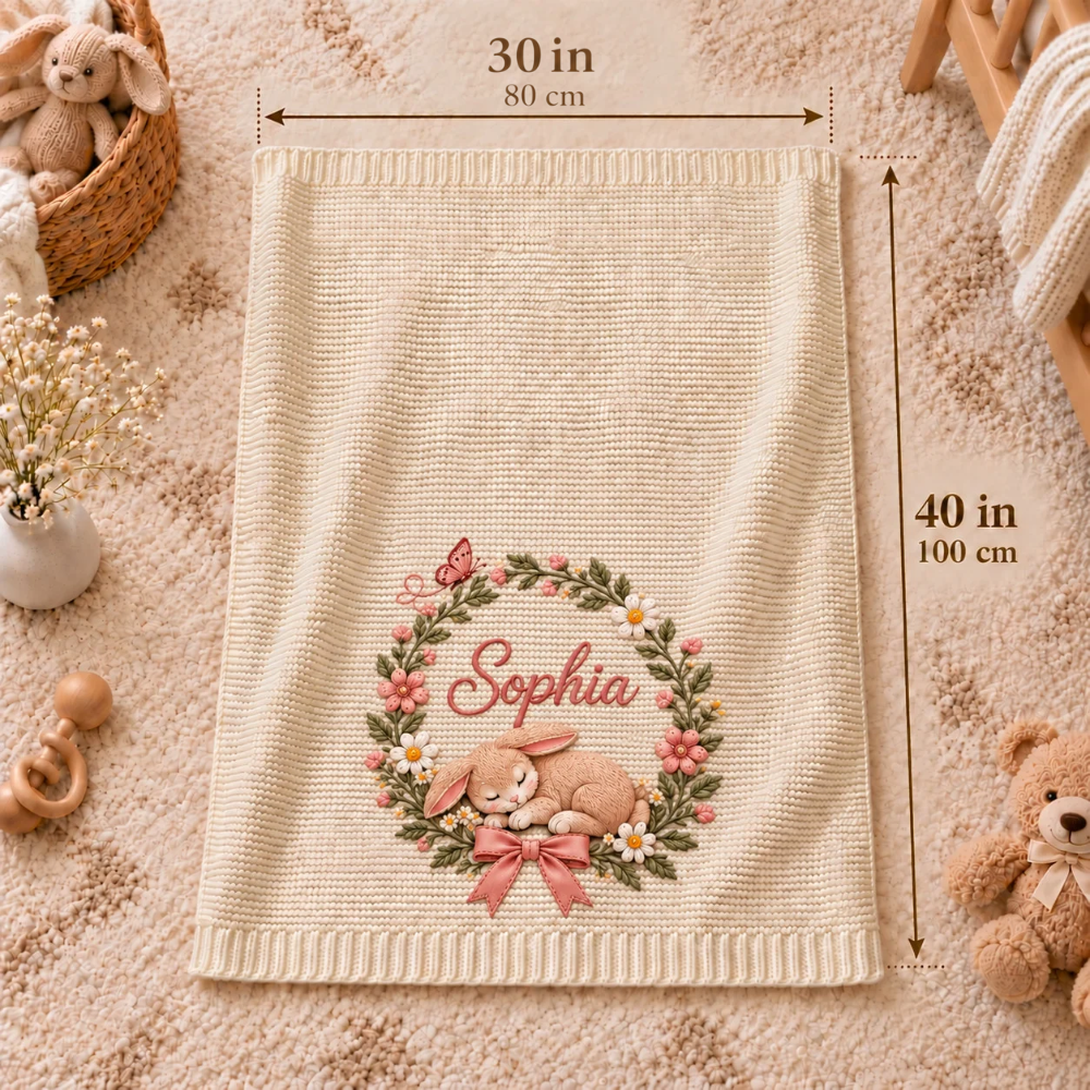 Custom Baby Blanket Embroidered Bunny Wreath Floral Name Knitted Nursery Swaddle