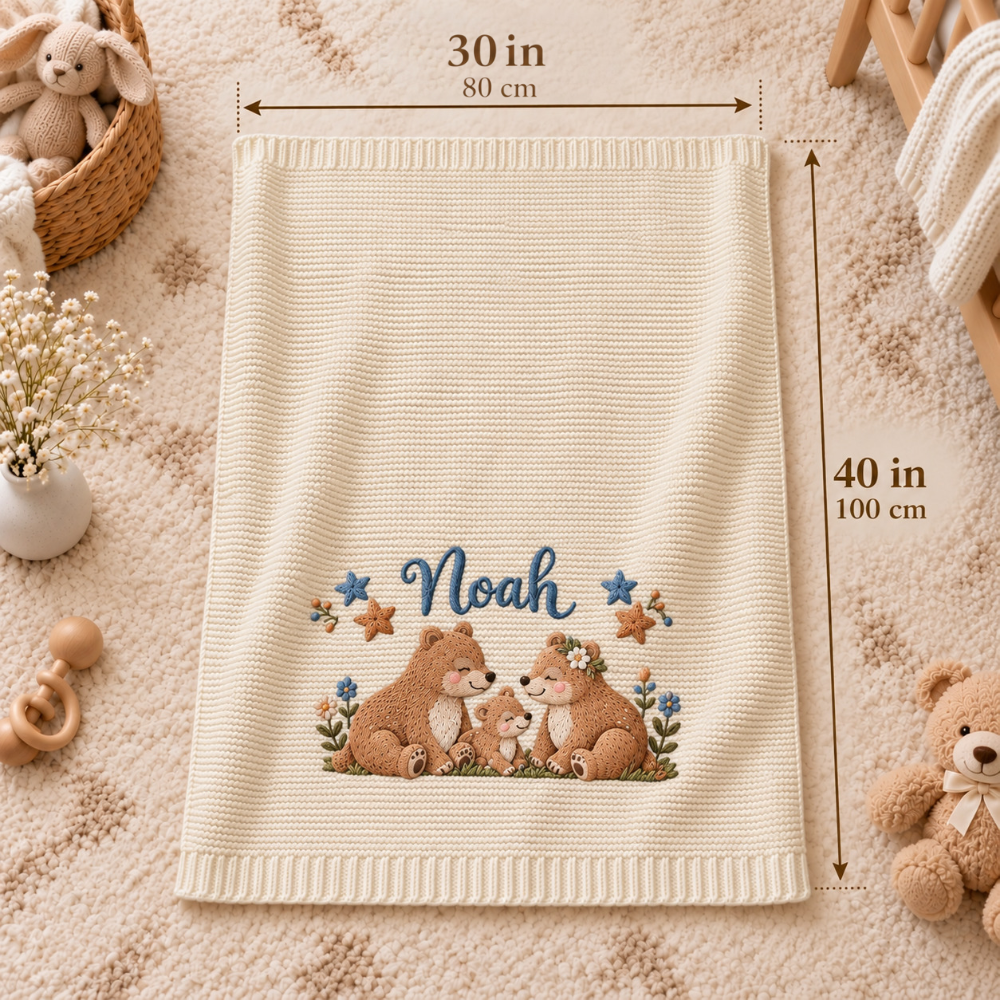 Custom Baby Blanket Embroidered Bear Family Stars Name Knitted Nursery Swaddle Wrap