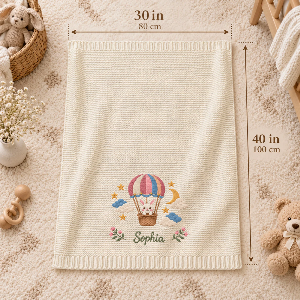 Custom Baby Blanket Embroidered Bunny Hot Air Balloon Name Knitted Nursery Swaddle