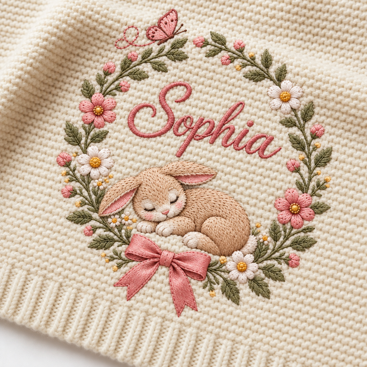 Custom Baby Blanket Embroidered Bunny Wreath Floral Name Knitted Nursery Swaddle