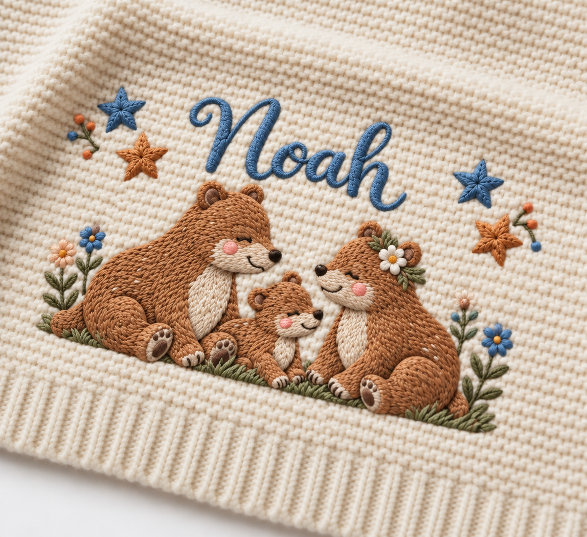 Custom Baby Blanket Embroidered Bear Family Stars Name Knitted Nursery Swaddle Wrap