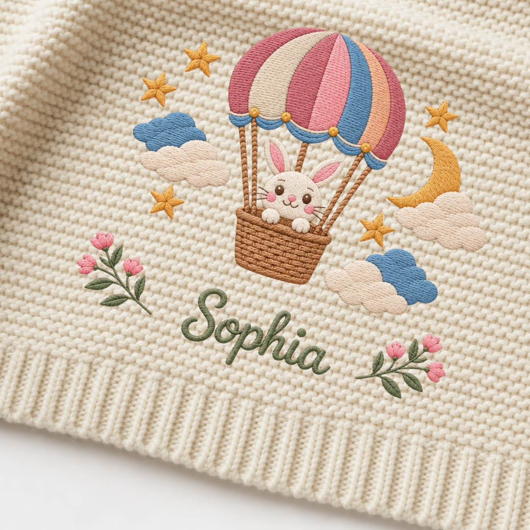 Custom Baby Blanket Embroidered Bunny Hot Air Balloon Name Knitted Nursery Swaddle